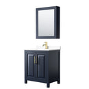 Wyndham Daria 30" Single Bathroom Vanity In Dark Blue White Cultured Marble Countertop Undermount Square Sink And Medicine Cabinet WCV252530SBLWCUNSMED