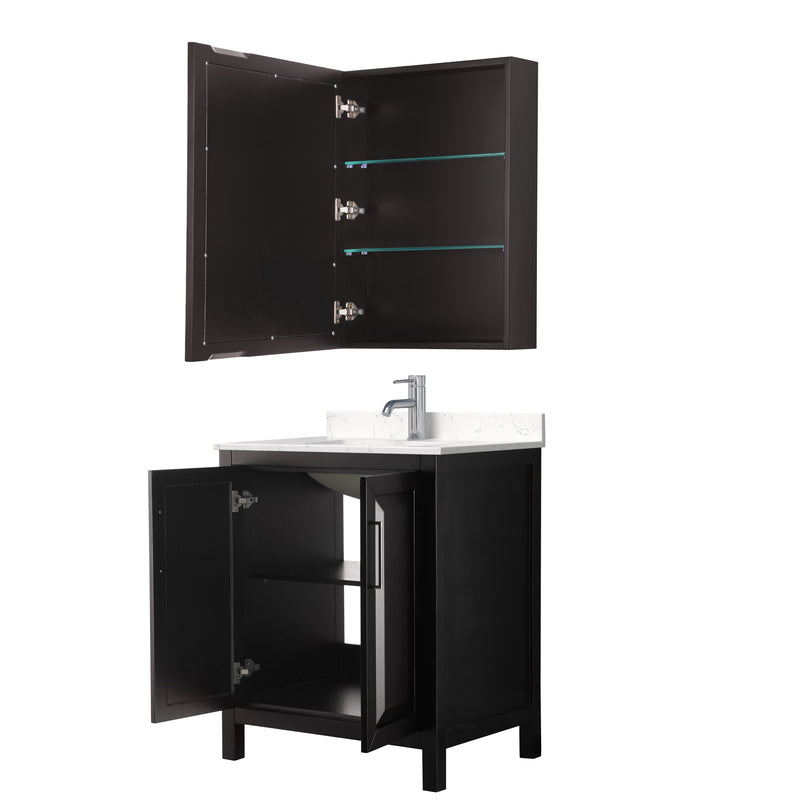 Wyndham Daria 30" Single Bathroom Vanity In Dark Espresso Light-Vein Carrara Cultured Marble Countertop Undermount Square Sink and Medicine Cabinet WCV252530SDEC2UNSMED