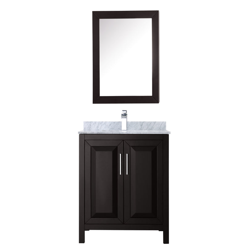 Wyndham Daria 30" Single Bathroom Vanity In Dark Espresso White Carrara Marble Countertop Undermount Square Sink and Medicine Cabinet WCV252530SDECMUNSMED