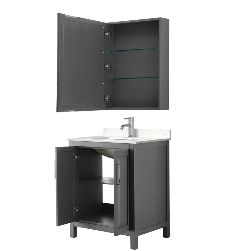 Wyndham Daria 30" Single Bathroom Vanity In Dark Gray Light-Vein Carrara Cultured Marble Countertop Undermount Square Sink and Medicine Cabinet WCV252530SKGC2UNSMED