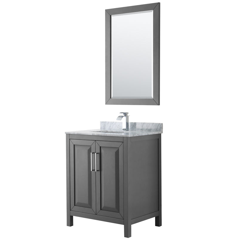 Wyndham Daria 30" Single Bathroom Vanity In Dark Gray White Carrara Marble Countertop Undermount Square Sink And 24" Mirror WCV252530SKGCMUNSM24