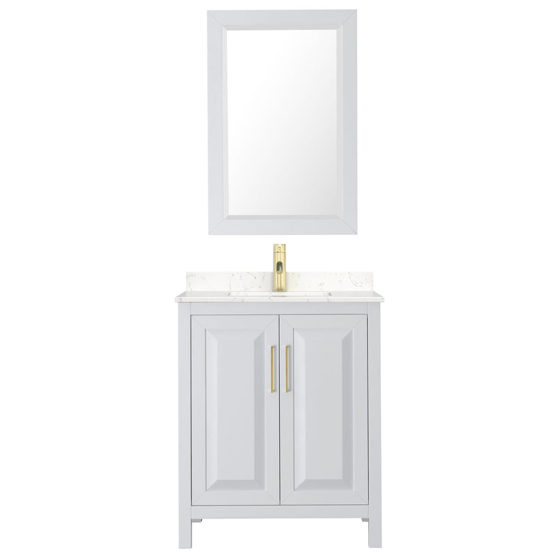 Wyndham Daria 30" Single Bathroom Vanity In White Light-Vein Carrara Cultured Marble Countertop Undermount Square Sink Brushed Gold Trims and 24" Mirror WCV252530SWGC2UNSM24