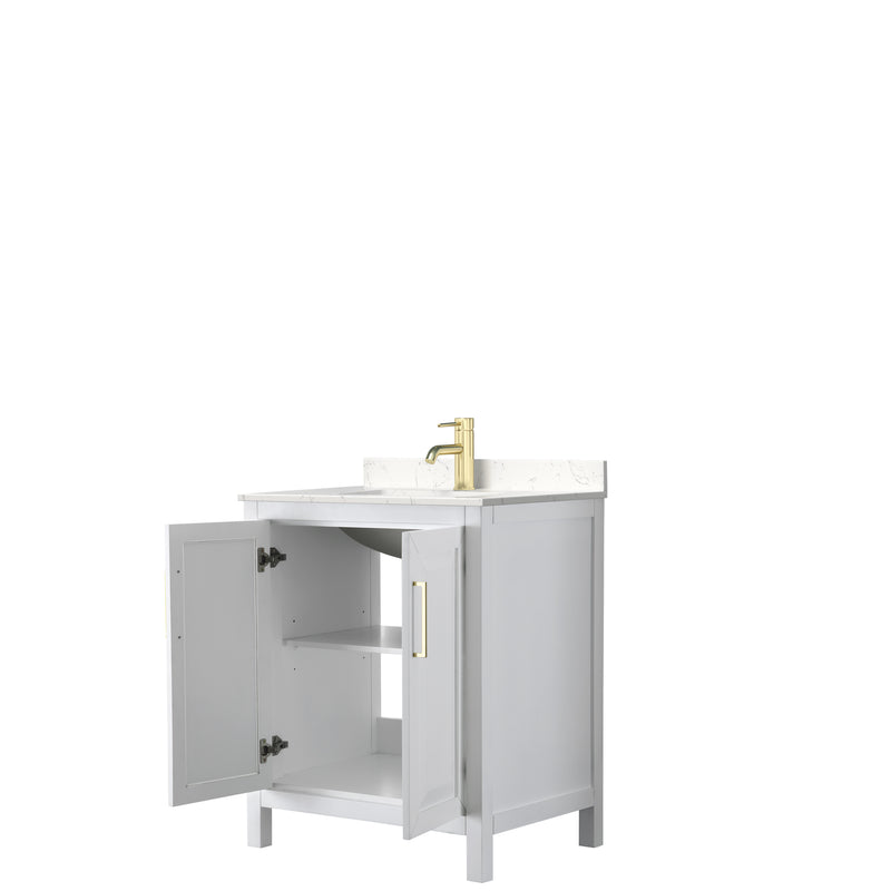 Wyndham Daria 30" Single Bathroom Vanity In White Light-Vein Carrara Cultured Marble Countertop Undermount Square Sink Brushed Gold Trims and No Mirror WCV252530SWGC2UNSMXX