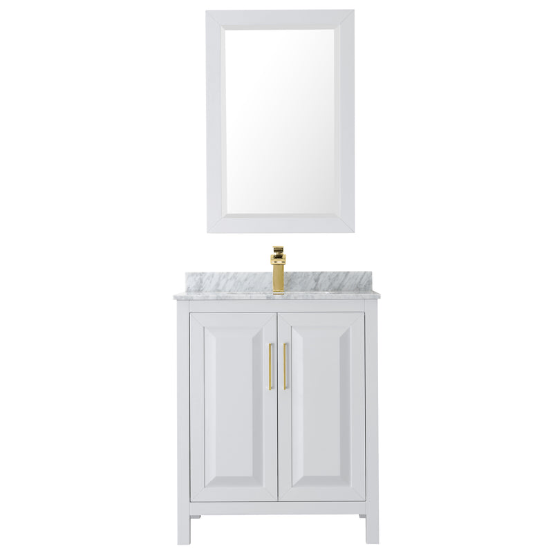 Wyndham Daria 30" Single Bathroom Vanity In White White Carrara Marble Countertop Undermount Square Sink Brushed Gold Trims and 24" Mirror WCV252530SWGCMUNSM24