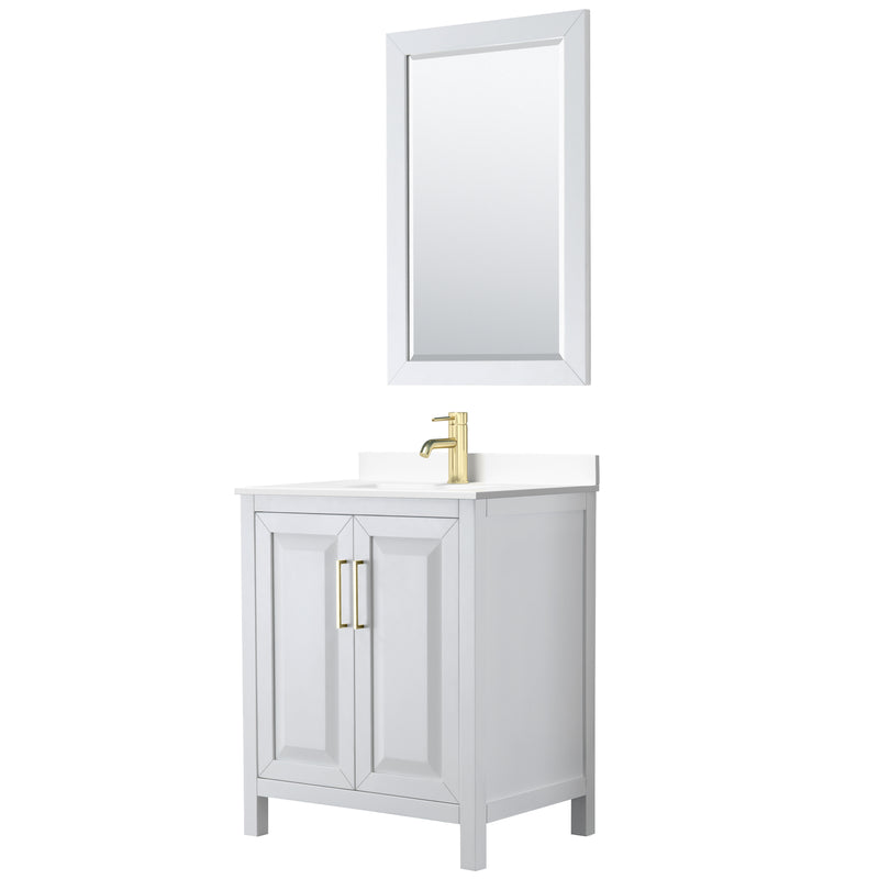 Wyndham Daria 30" Single Bathroom Vanity In White White Cultured Marble Countertop Undermount Square Sink Brushed Gold Trims And 24" Mirror WCV252530SWGWCUNSM24