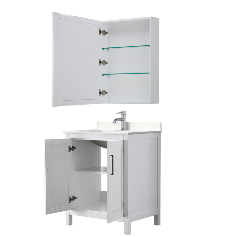 Wyndham Daria 30" Single Bathroom Vanity In White Light-Vein Carrara Cultured Marble Countertop Undermount Square Sink and Medicine Cabinet WCV252530SWHC2UNSMED