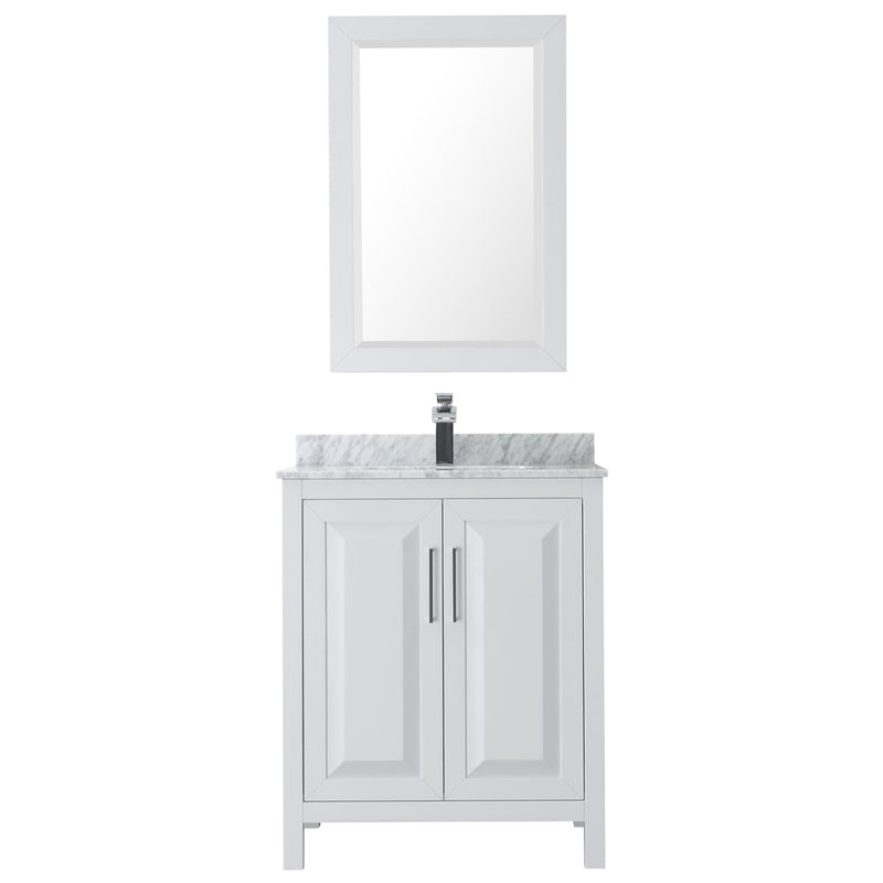 Wyndham Daria 30" Single Bathroom Vanity In White White Carrara Marble Countertop Undermount Square Sink and 24" Mirror WCV252530SWHCMUNSM24