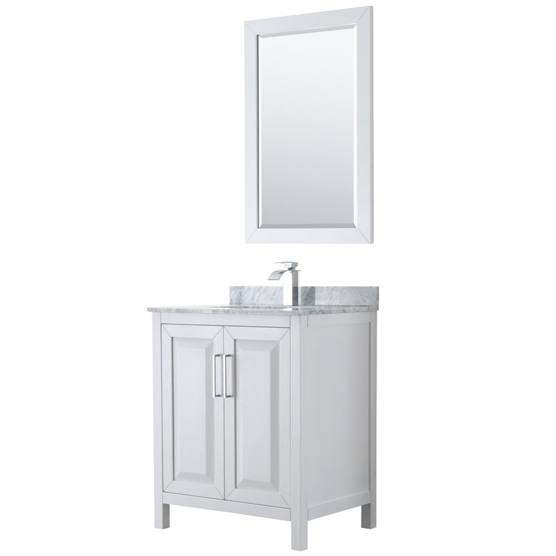 Wyndham Daria 30" Single Bathroom Vanity In White White Carrara Marble Countertop Undermount Square Sink And 24" Mirror WCV252530SWHCMUNSM24