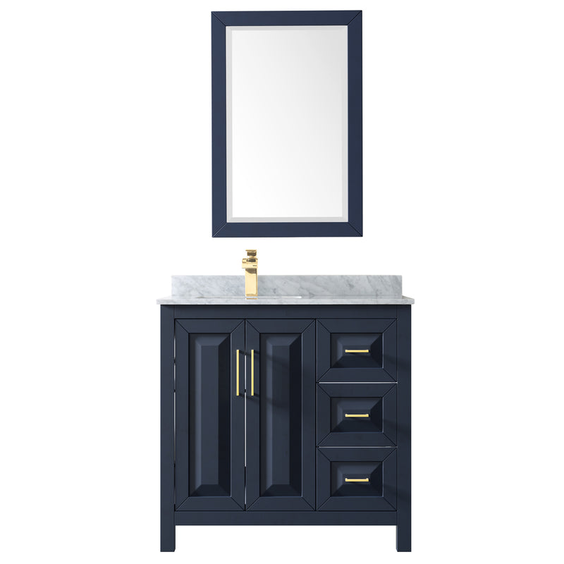 Wyndham Daria 36" Single Bathroom Vanity In Dark Blue White Carrara Marble Countertop Undermount Square Sink and 24" Mirror WCV252536SBLCMUNSM24