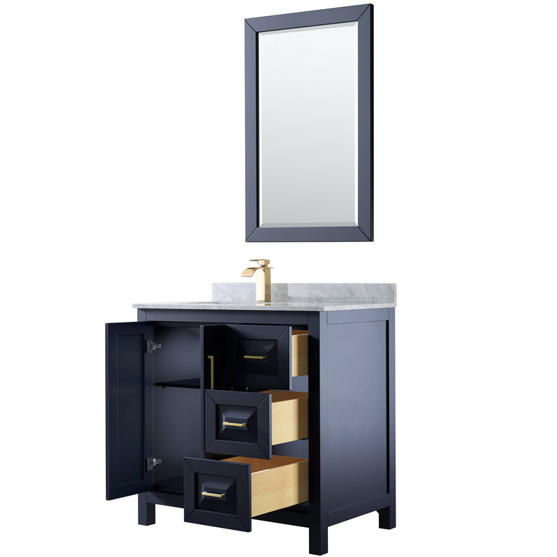 Wyndham Daria 36" Single Bathroom Vanity In Dark Blue White Carrara Marble Countertop Undermount Square Sink and 24" Mirror WCV252536SBLCMUNSM24