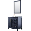 Wyndham Daria 36" Single Bathroom Vanity In Dark Blue White Carrara Marble Countertop Undermount Square Sink And 24" Mirror WCV252536SBLCMUNSM24