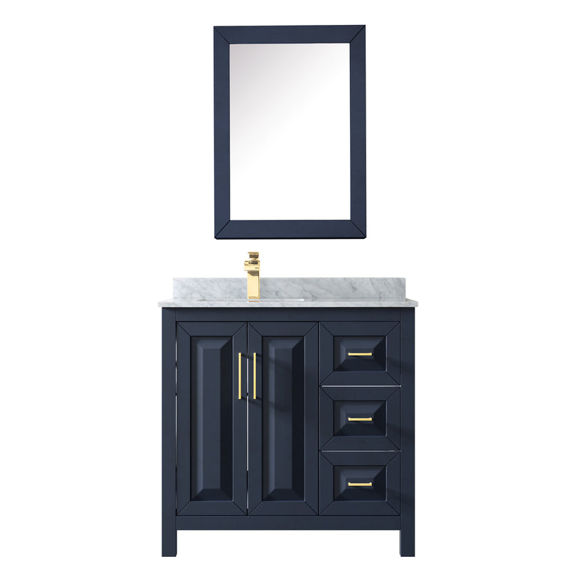 Wyndham Daria 36" Single Bathroom Vanity In Dark Blue White Carrara Marble Countertop Undermount Square Sink and Medicine Cabinet WCV252536SBLCMUNSMED