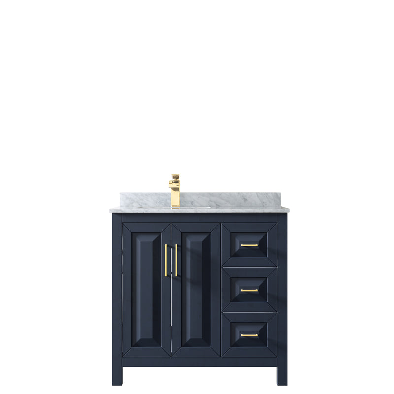 Wyndham Daria 36" Single Bathroom Vanity In Dark Blue White Carrara Marble Countertop Undermount Square Sink and No Mirror WCV252536SBLCMUNSMXX