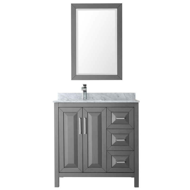 Wyndham Daria 36" Single Bathroom Vanity In Dark Gray White Carrara Marble Countertop Undermount Square Sink and 24" Mirror WCV252536SKGCMUNSM24