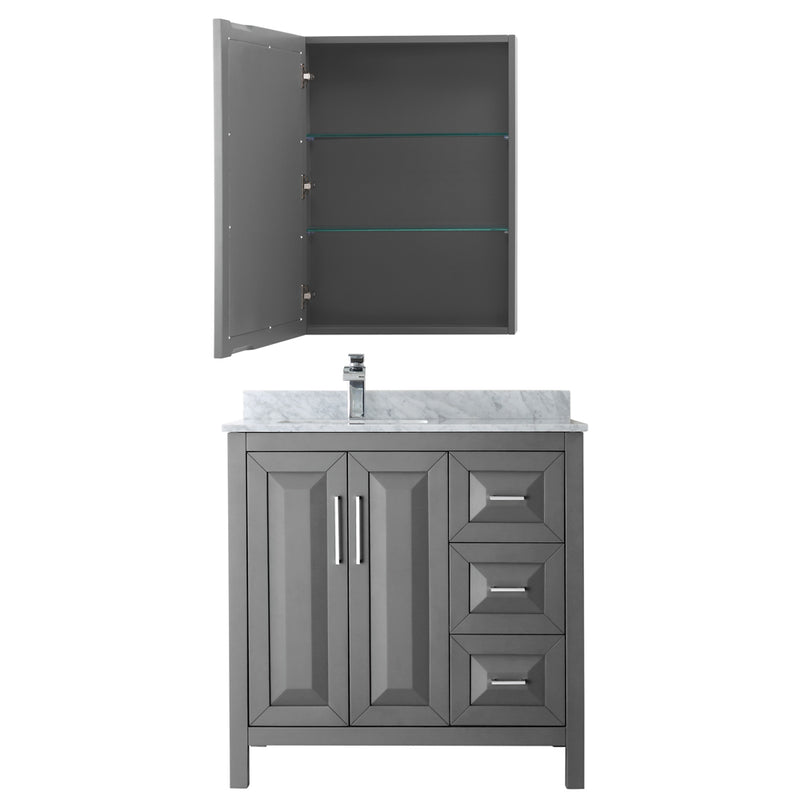 Wyndham Daria 36" Single Bathroom Vanity In Dark Gray White Carrara Marble Countertop Undermount Square Sink and Medicine Cabinet WCV252536SKGCMUNSMED