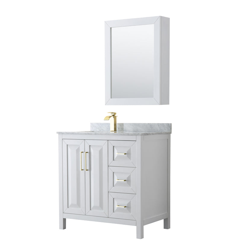 Wyndham Daria 36" Single Bathroom Vanity In White White Carrara Marble Countertop Undermount Square Sink Brushed Gold Trims And Medicine Cabinet WCV252536SWGCMUNSMED