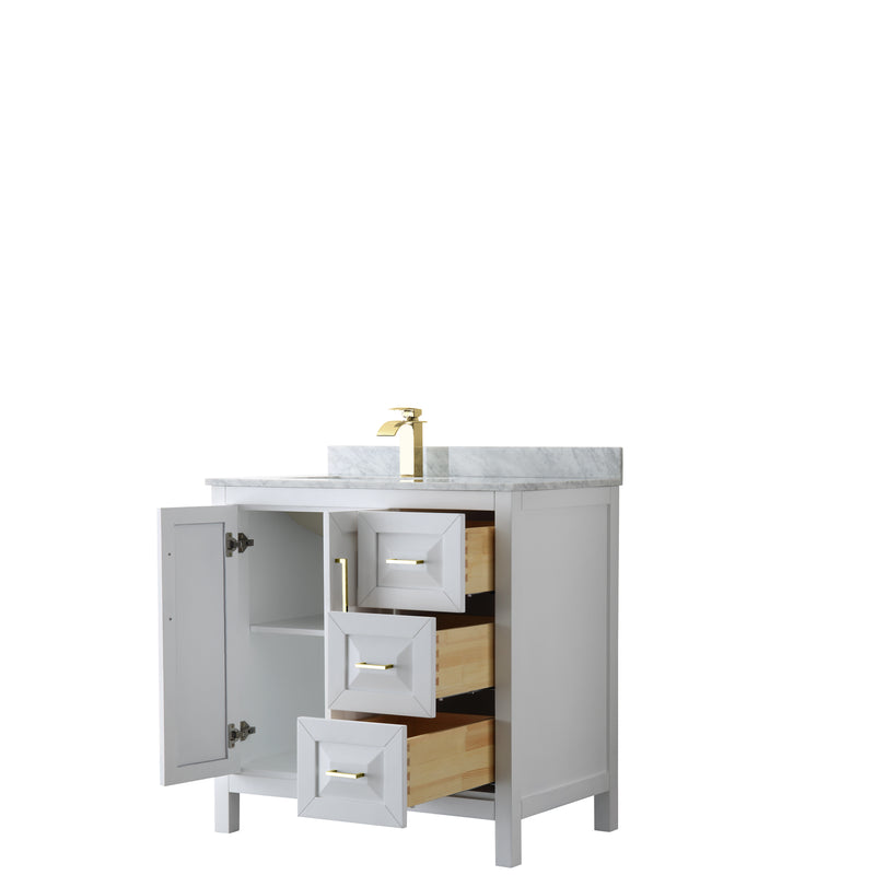 Wyndham Daria 36" Single Bathroom Vanity In White White Carrara Marble Countertop Undermount Square Sink Brushed Gold Trims and No Mirror WCV252536SWGCMUNSMXX