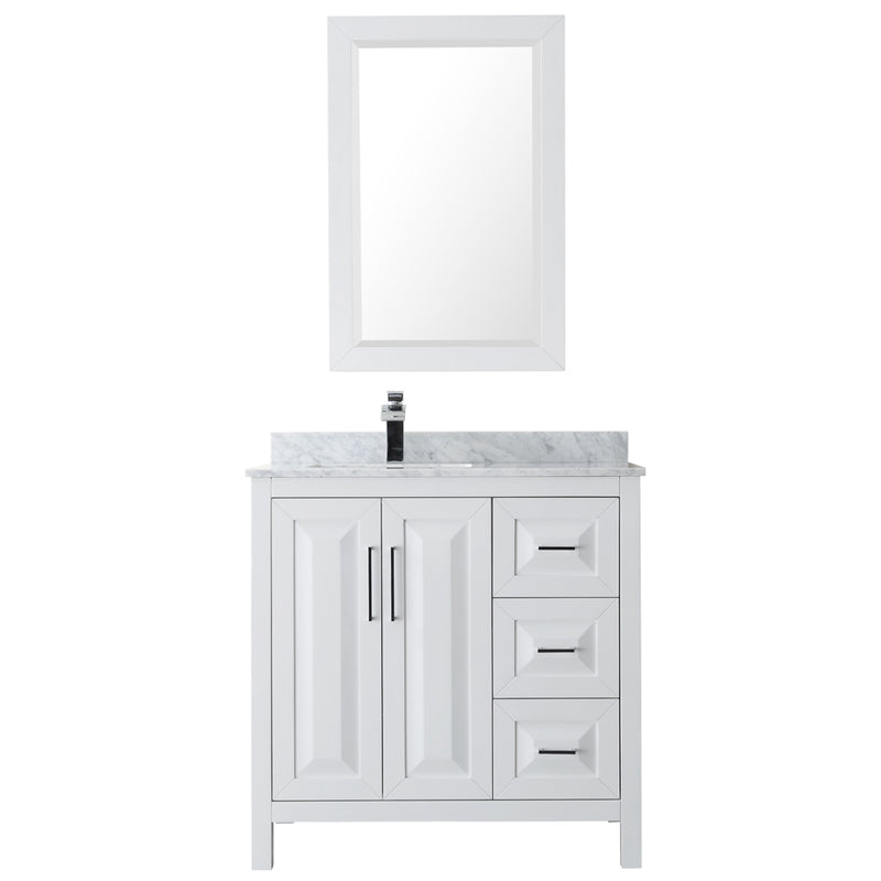 Wyndham Daria 36" Single Bathroom Vanity In White White Carrara Marble Countertop Undermount Square Sink and 24" Mirror WCV252536SWHCMUNSM24