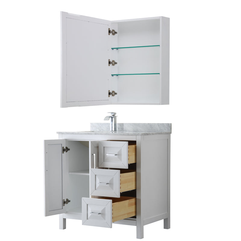 Wyndham Daria 36" Single Bathroom Vanity In White White Carrara Marble Countertop Undermount Square Sink and Medicine Cabinet WCV252536SWHCMUNSMED