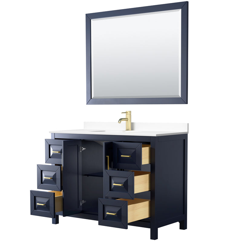 Wyndham Daria 48" Single Bathroom Vanity In Dark Blue White Cultured Marble Countertop Undermount Square Sink and 46" Mirror WCV252548SBLWCUNSM46