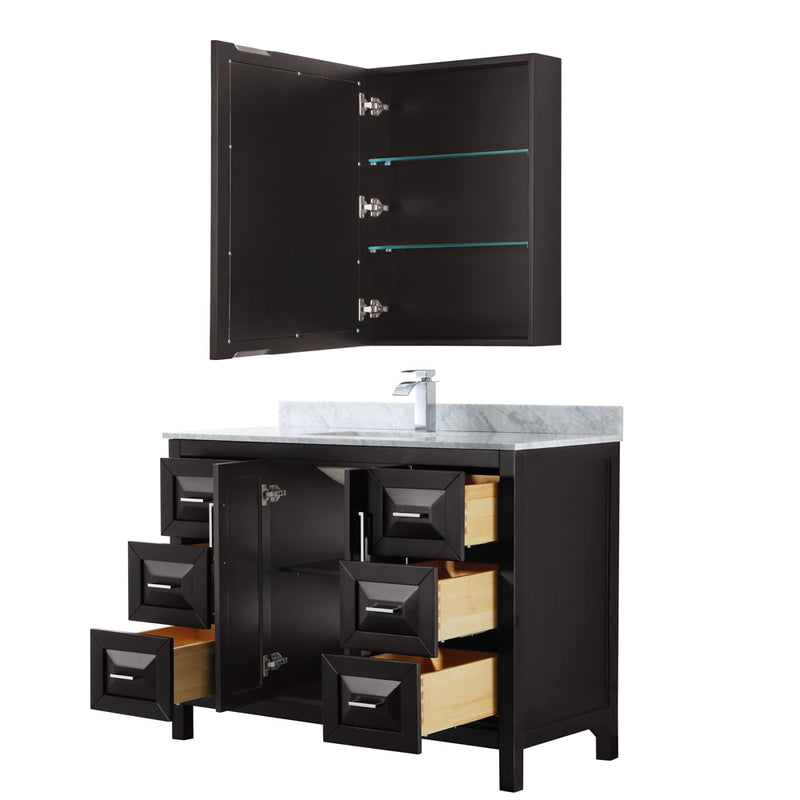 Wyndham Daria 48" Single Bathroom Vanity In Dark Espresso White Carrara Marble Countertop Undermount Square Sink and Medicine Cabinet WCV252548SDECMUNSMED