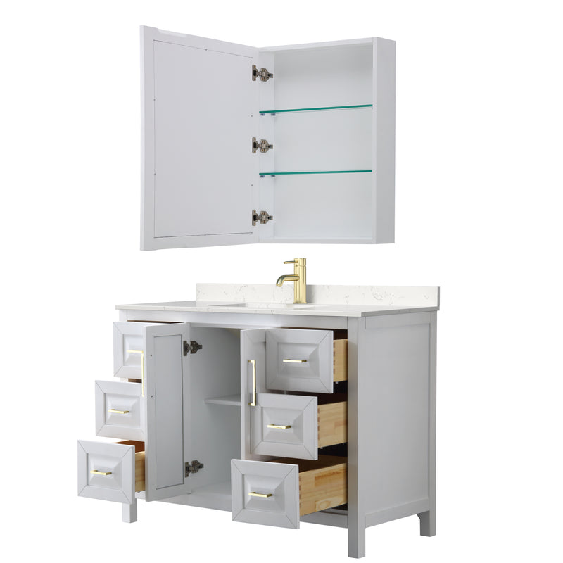 Wyndham Daria 48" Single Bathroom Vanity In White Light-Vein Carrara Cultured Marble Countertop Undermount Square Sink Brushed Gold Trims and Medicine Cabinet WCV252548SWGC2UNSMED