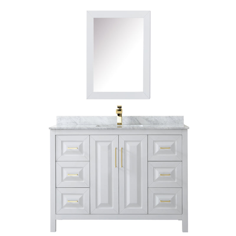 Wyndham Daria 48" Single Bathroom Vanity In White White Carrara Marble Countertop Undermount Square Sink Brushed Gold Trims and Medicine Cabinet WCV252548SWGCMUNSMED