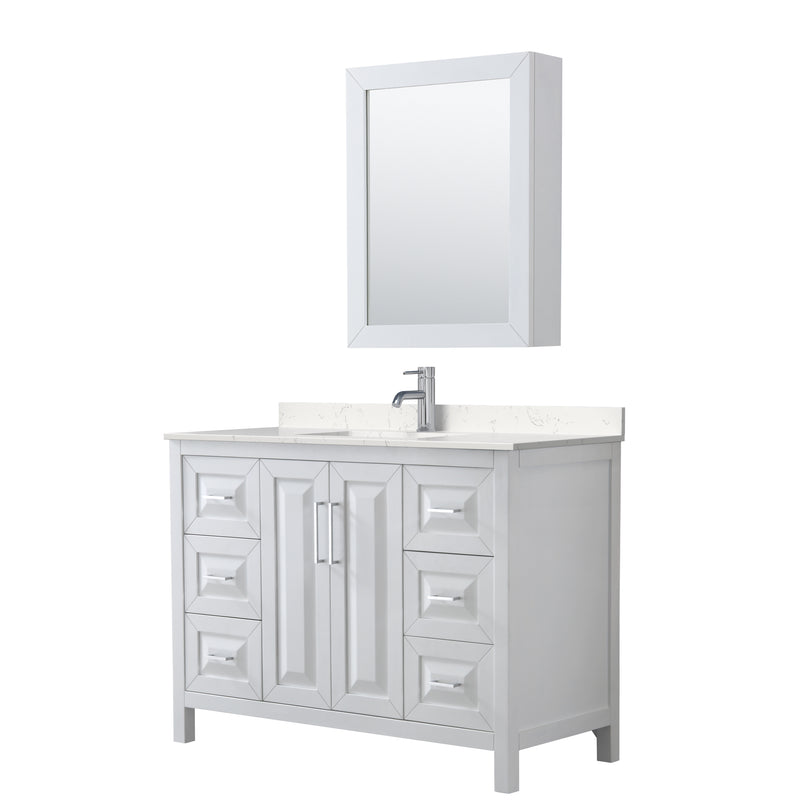 Wyndham Daria 48" Single Bathroom Vanity In White Light-Vein Carrara Cultured Marble Countertop Undermount Square Sink And Medicine Cabinet WCV252548SWHC2UNSMED