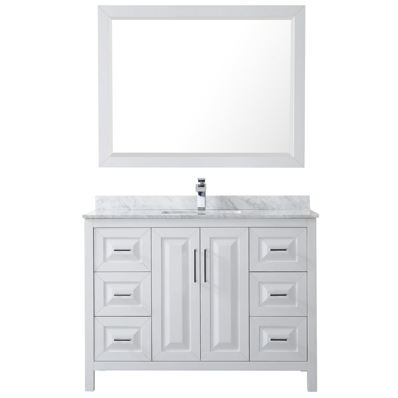 Wyndham Daria 48" Single Bathroom Vanity In White White Carrara Marble Countertop Undermount Square Sink and 46" Mirror WCV252548SWHCMUNSM46