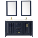 Wyndham Daria 60" Double Bathroom Vanity In Dark Blue Light-Vein Carrara Cultured Marble Countertop Undermount Square Sinks and 24" Mirrors WCV252560DBLC2UNSM24