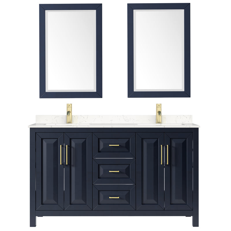 Wyndham Daria 60" Double Bathroom Vanity In Dark Blue Light-Vein Carrara Cultured Marble Countertop Undermount Square Sinks and 24" Mirrors WCV252560DBLC2UNSM24