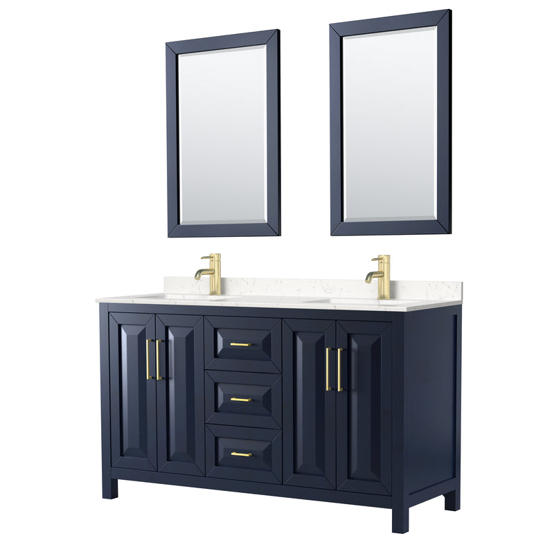 Wyndham Daria 60" Double Bathroom Vanity In Dark Blue Light-Vein Carrara Cultured Marble Countertop Undermount Square Sinks And 24" Mirrors WCV252560DBLC2UNSM24