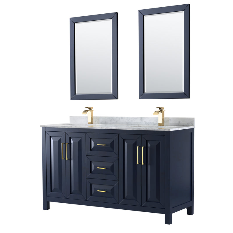 Wyndham Daria 60" Double Bathroom Vanity In Dark Blue White Carrara Marble Countertop Undermount Square Sinks And 24" Mirrors WCV252560DBLCMUNSM24