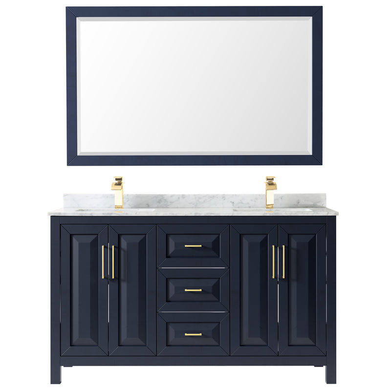 Wyndham Daria 60" Double Bathroom Vanity In Dark Blue White Carrara Marble Countertop Undermount Square Sinks and 58" Mirror WCV252560DBLCMUNSM58