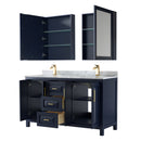 Wyndham Daria 60" Double Bathroom Vanity In Dark Blue White Carrara Marble Countertop Undermount Square Sinks and Medicine Cabinets WCV252560DBLCMUNSMED