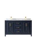 Wyndham Daria 60" Double Bathroom Vanity In Dark Blue White Carrara Marble Countertop Undermount Square Sinks and No Mirror WCV252560DBLCMUNSMXX