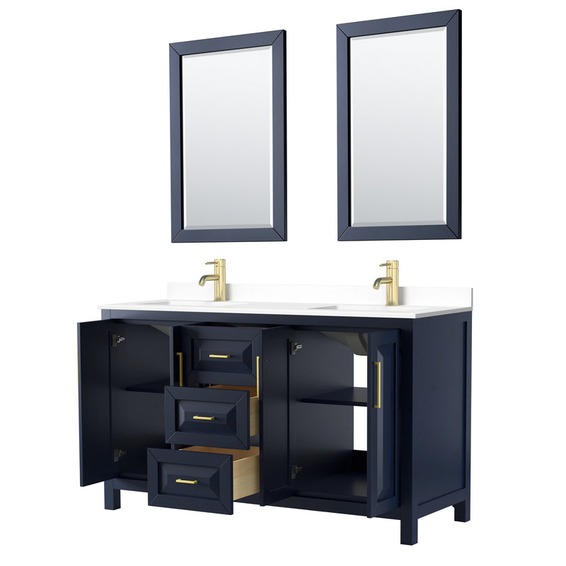 Wyndham Daria 60" Double Bathroom Vanity In Dark Blue White Cultured Marble Countertop Undermount Square Sinks and 24" Mirrors WCV252560DBLWCUNSM24