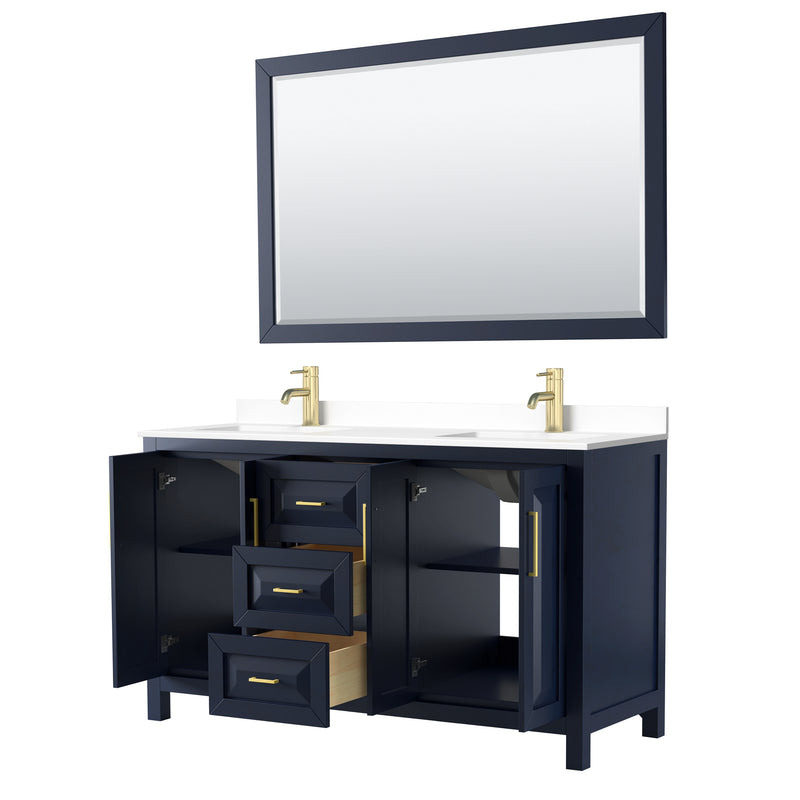 Wyndham Daria 60" Double Bathroom Vanity In Dark Blue White Cultured Marble Countertop Undermount Square Sinks and 58" Mirror WCV252560DBLWCUNSM58