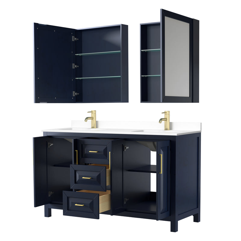 Wyndham Daria 60" Double Bathroom Vanity In Dark Blue White Cultured Marble Countertop Undermount Square Sinks and Medicine Cabinets WCV252560DBLWCUNSMED