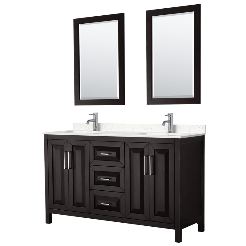 Wyndham Daria 60" Double Bathroom Vanity In Dark Espresso Light-Vein Carrara Cultured Marble Countertop Undermount Square Sinks And 24" Mirrors WCV252560DDEC2UNSM24