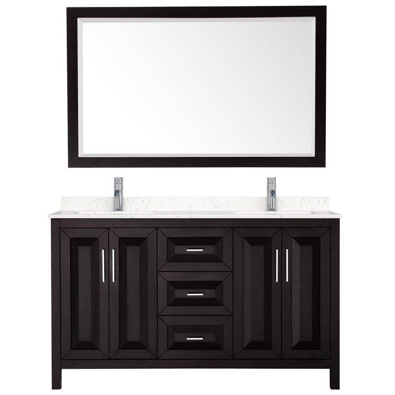 Wyndham Daria 60" Double Bathroom Vanity In Dark Espresso Light-Vein Carrara Cultured Marble Countertop Undermount Square Sinks and 58" Mirror WCV252560DDEC2UNSM58