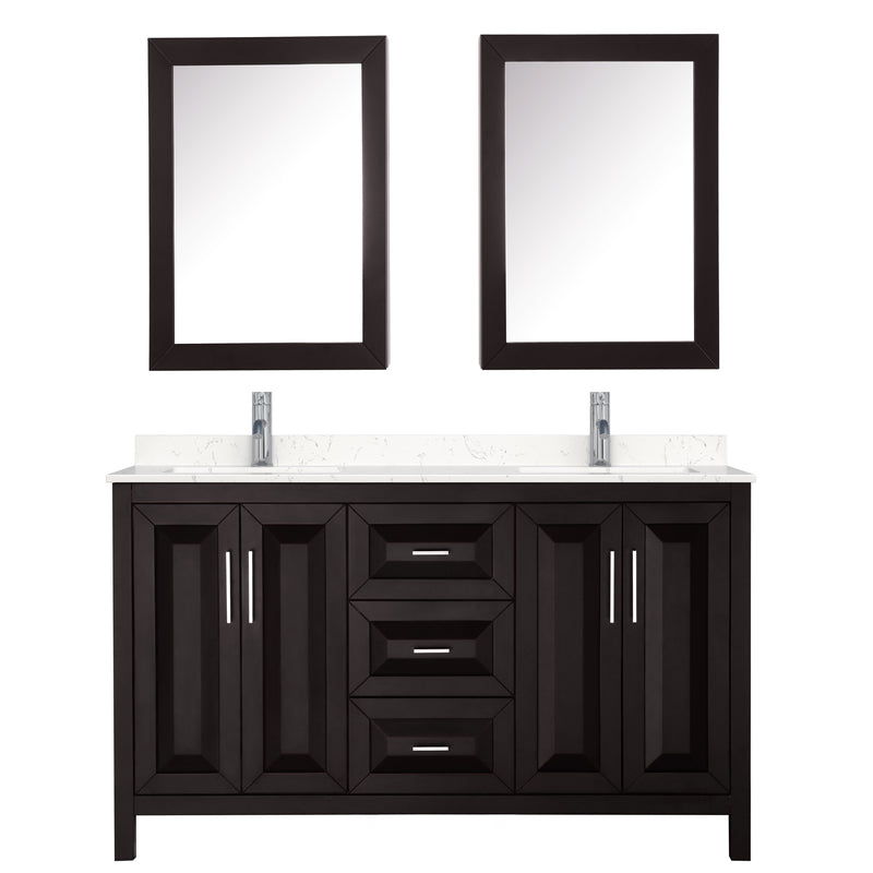 Wyndham Daria 60" Double Bathroom Vanity In Dark Espresso Light-Vein Carrara Cultured Marble Countertop Undermount Square Sinks and Medicine Cabinets WCV252560DDEC2UNSMED