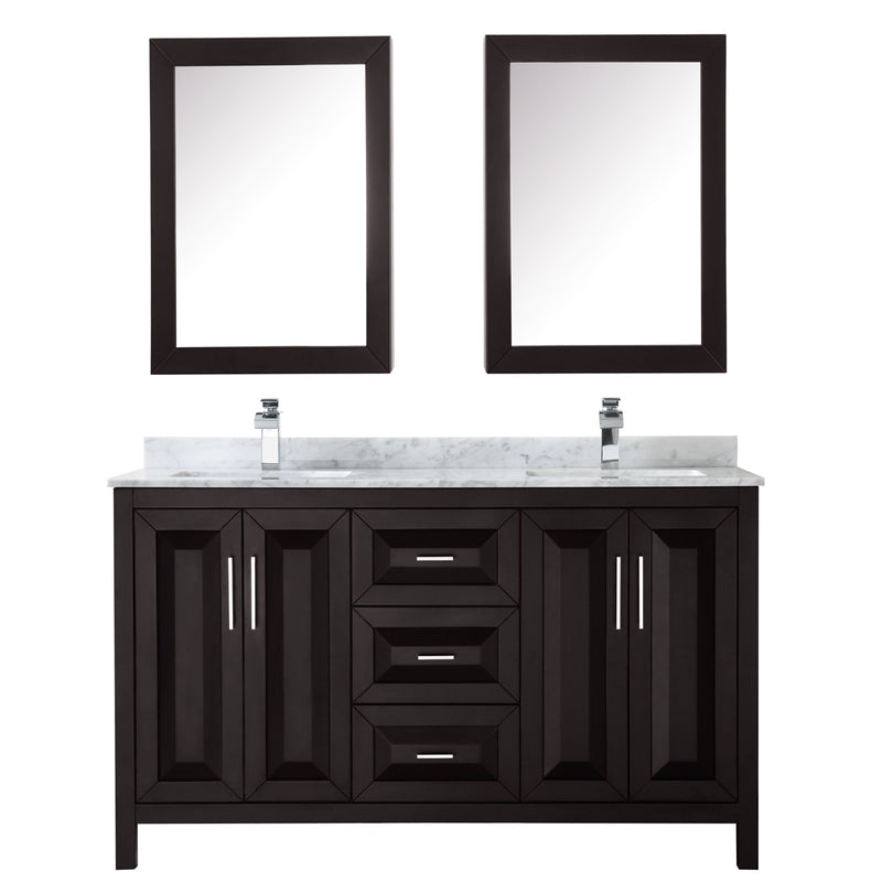 Wyndham Daria 60" Double Bathroom Vanity In Dark Espresso White Carrara Marble Countertop Undermount Square Sink and Medicine Cabinet WCV252560DDECMUNSMED