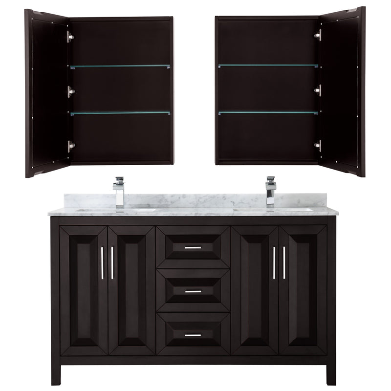 Wyndham Daria 60" Double Bathroom Vanity In Dark Espresso White Carrara Marble Countertop Undermount Square Sink and Medicine Cabinet WCV252560DDECMUNSMED