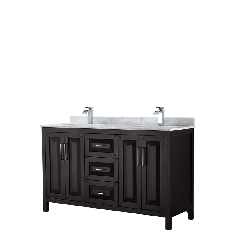 Wyndham Daria 60" Double Bathroom Vanity In Dark Espresso White Carrara Marble Countertop Undermount Square Sink And No Mirror WCV252560DDECMUNSMXX