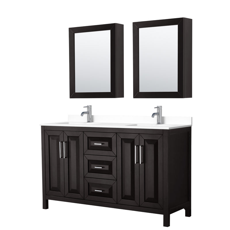 Wyndham Daria 60" Double Bathroom Vanity In Dark Espresso White Cultured Marble Countertop Undermount Square Sinks And Medicine Cabinets WCV252560DDEWCUNSMED