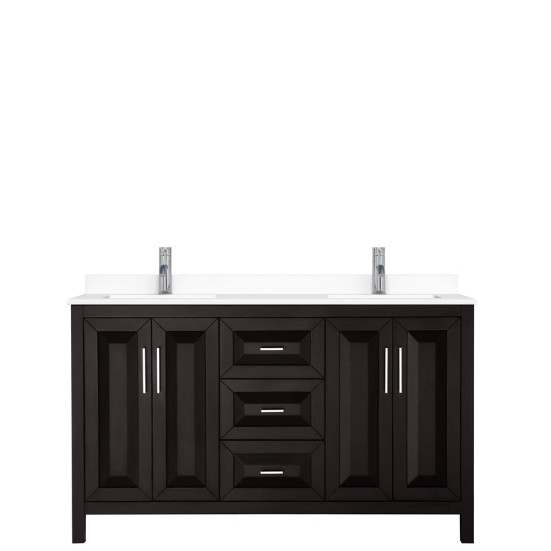 Wyndham Daria 60" Double Bathroom Vanity In Dark Espresso White Cultured Marble Countertop Undermount Square Sinks and No Mirror WCV252560DDEWCUNSMXX