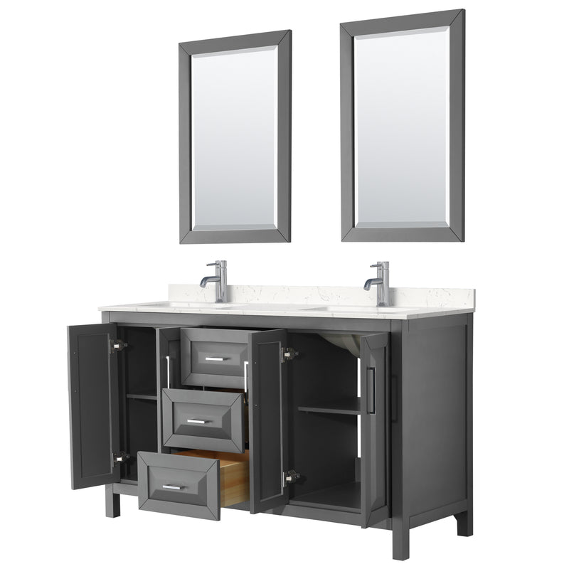 Wyndham Daria 60" Double Bathroom Vanity In Dark Gray Light-Vein Carrara Cultured Marble Countertop Undermount Square Sinks and 24" Mirrors WCV252560DKGC2UNSM24