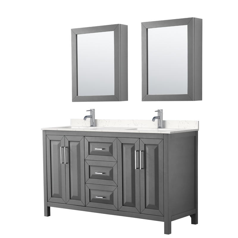 Wyndham Daria 60" Double Bathroom Vanity In Dark Gray Light-Vein Carrara Cultured Marble Countertop Undermount Square Sinks And Medicine Cabinets WCV252560DKGC2UNSMED