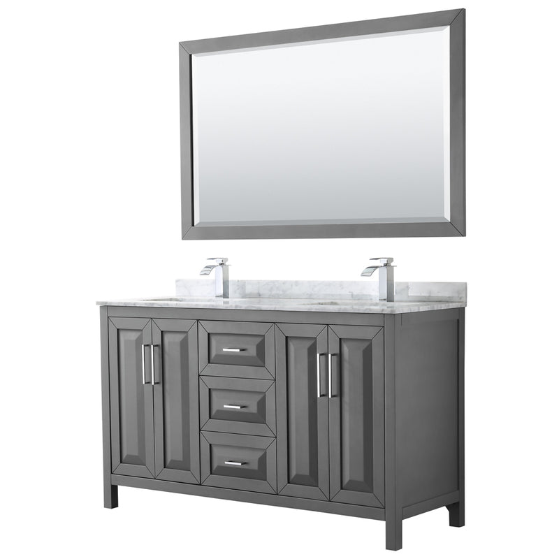 Wyndham Daria 60" Double Bathroom Vanity In Dark Gray White Carrara Marble Countertop Undermount Square Sink And 58" Mirror WCV252560DKGCMUNSM58